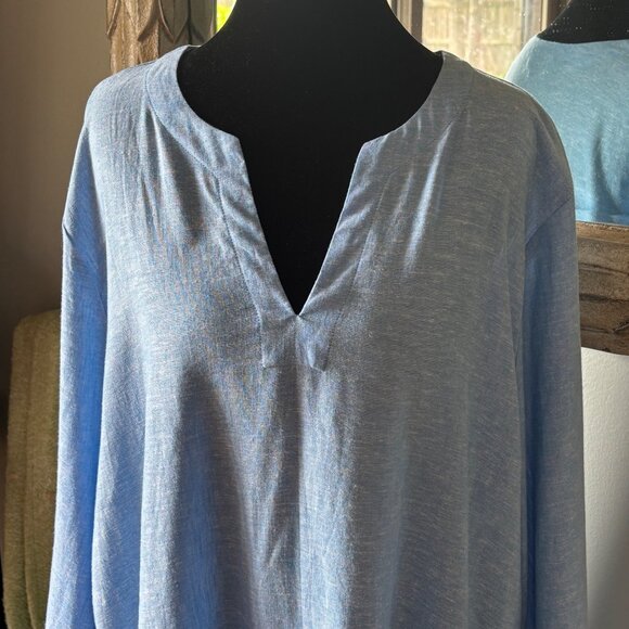 Lands End Womens Light Blue Linen-Blend Tunic Top XL With V-Neck & Side Slits - Picture 2 of 12